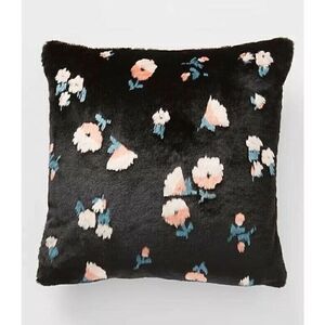 Anthropologie Flora Faux Fur Pillow Black Floral Pattern 20" x 20" NEW
